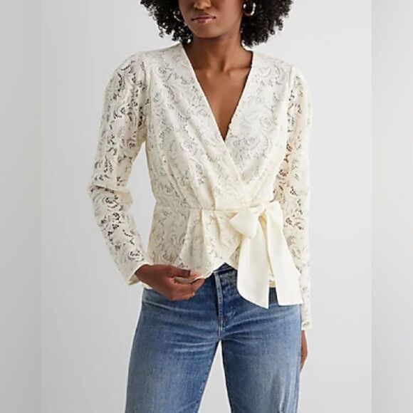 NWT Express Cream Lace Wrap Top with Bow Tie Side Size M - Picture 1 of 9